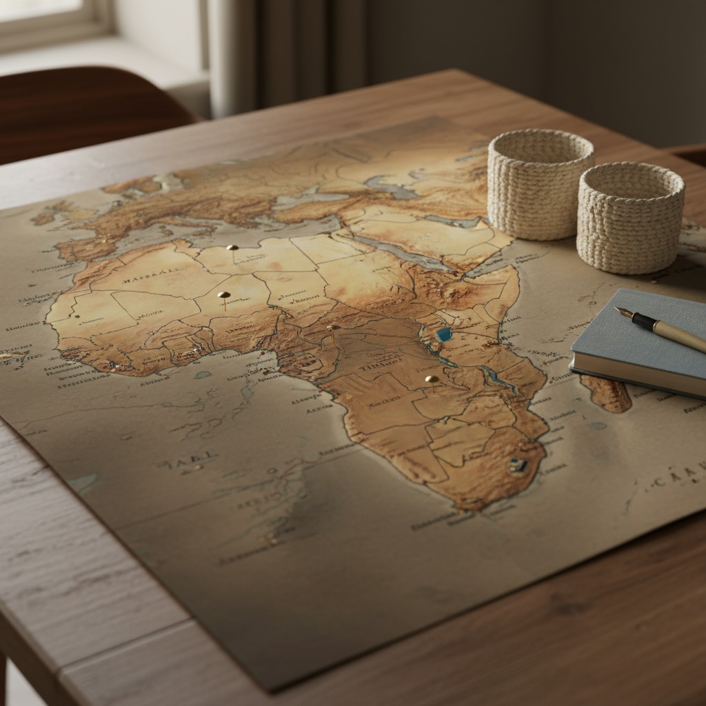 A close-up photograph of a wooden table with a large, non-legible map spread out on it and a small objects scattered around.