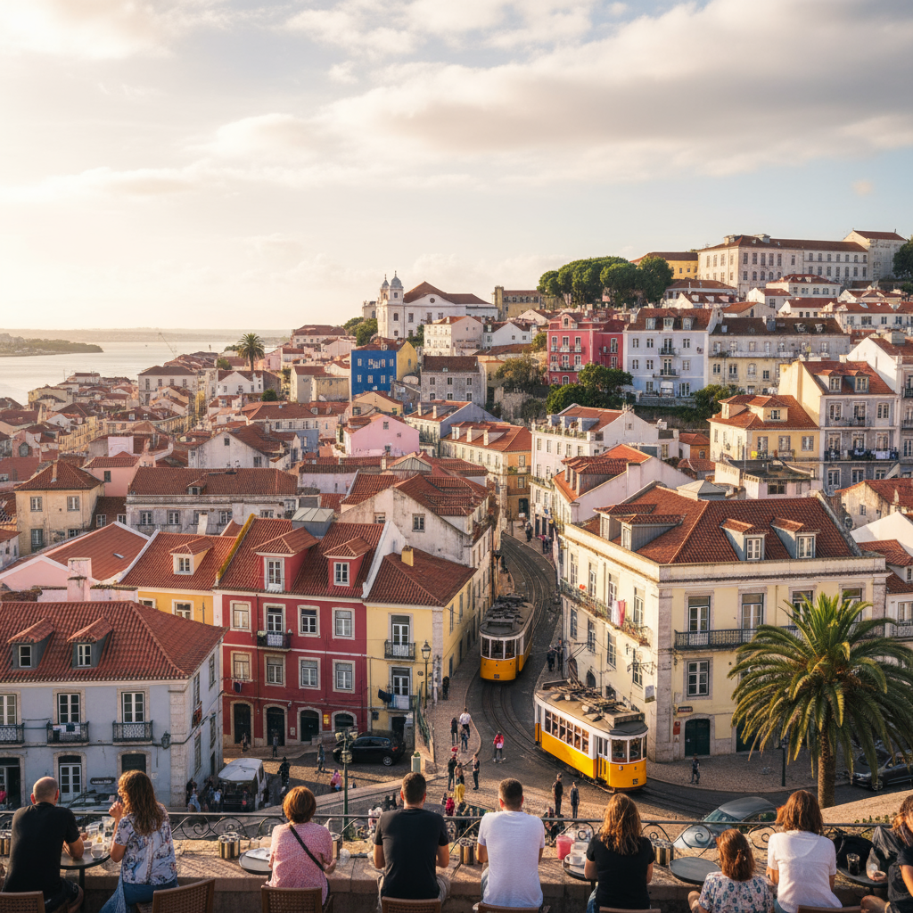 Lisbon cityscape, featuring historic architecture, colorful buildings, and possibly the iconic yellow tram, capturing the vibrant atmosphere of Lisbon, Portugal